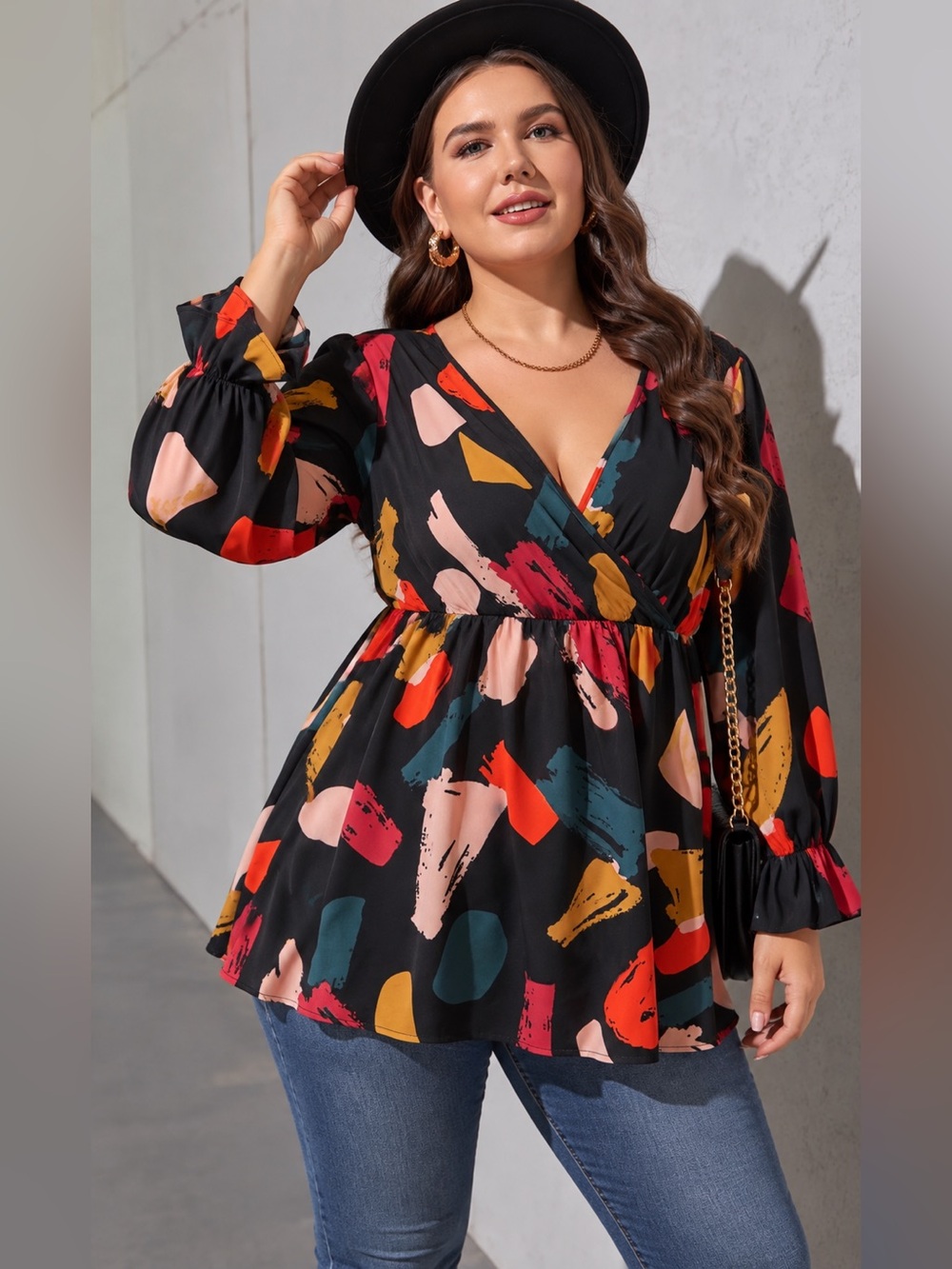 Abstract Print V-Neck Peplum Blouse - Black with Multicolor Brushstrokes